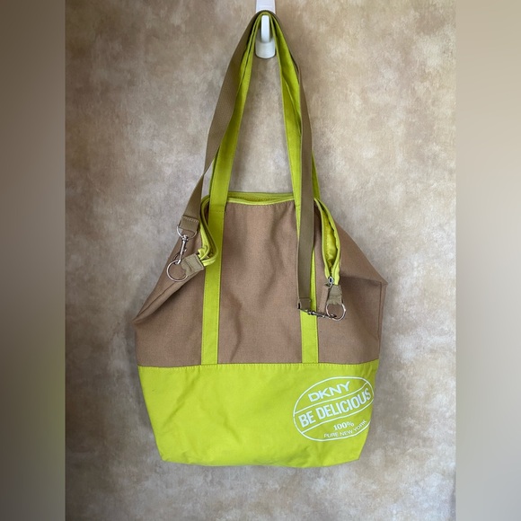 Dkny Handbags - DKNY Be Delicious Brown and Yellow/Green/Hi-Lime Tote Bag with Sporty Design
